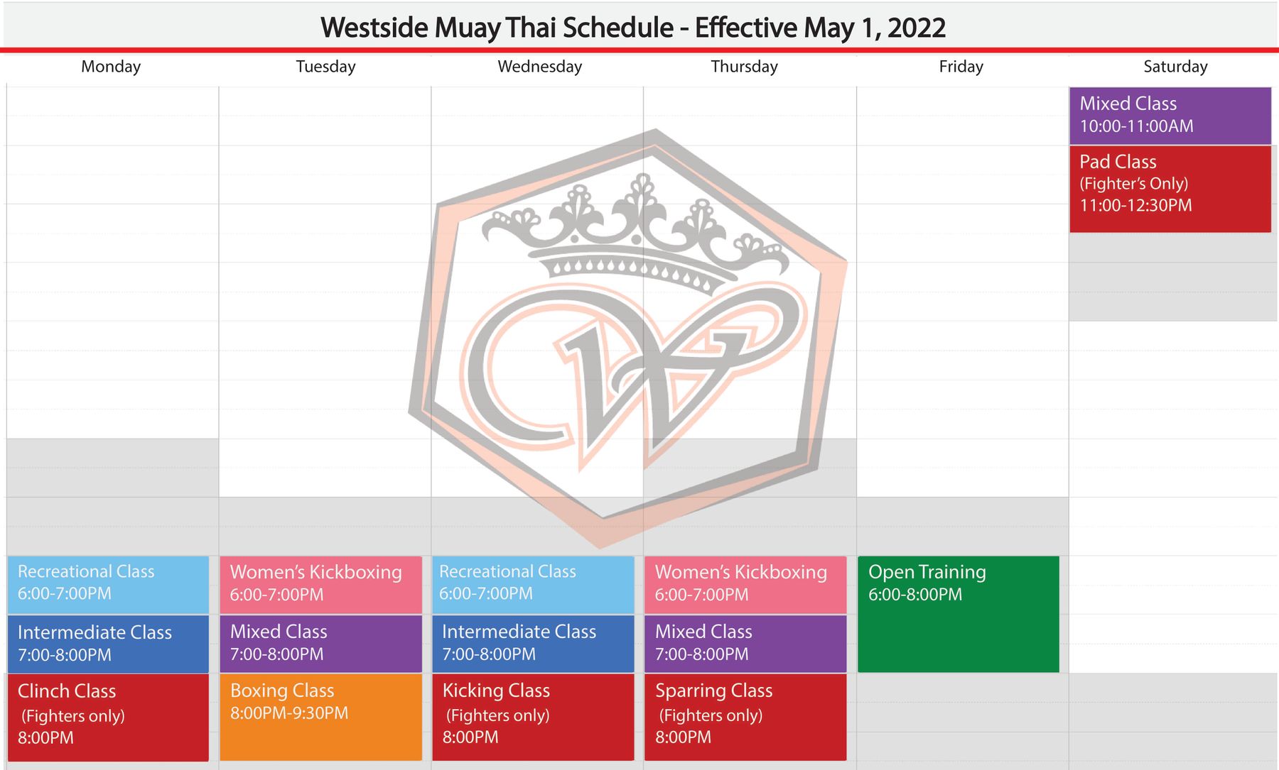 Westside Muaythai Our Schedule